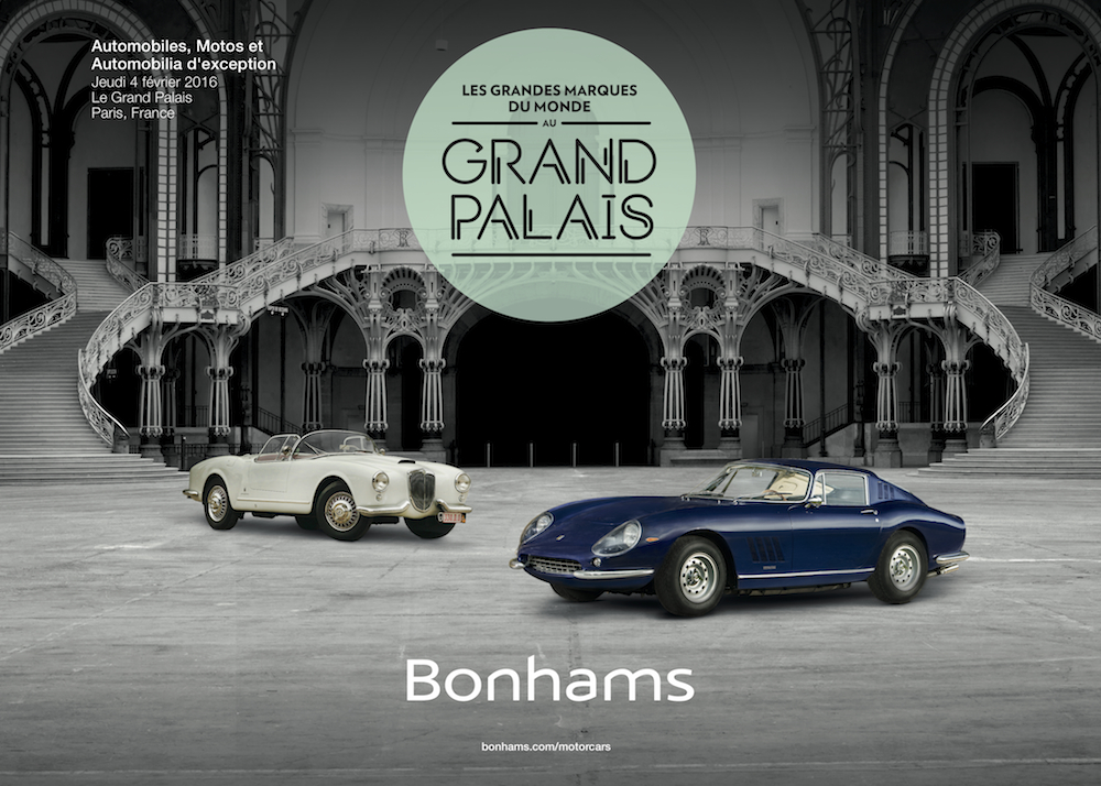 L’affiche de la vente Bonhams au Grand Palais ce jeudi. Ouverture de la vacation à 10h30 avec les automobilias.(archives AgrippA mediA /// archives Bonhams)